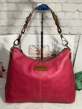 Dooney & Bourke Fuchsia Leather Shoulder Bag with Brown Trim